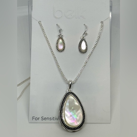 BELK Silver Tone and Mother of Pearl Pendant Necklace and Matching Hook Earrings - Picture 4 of 6